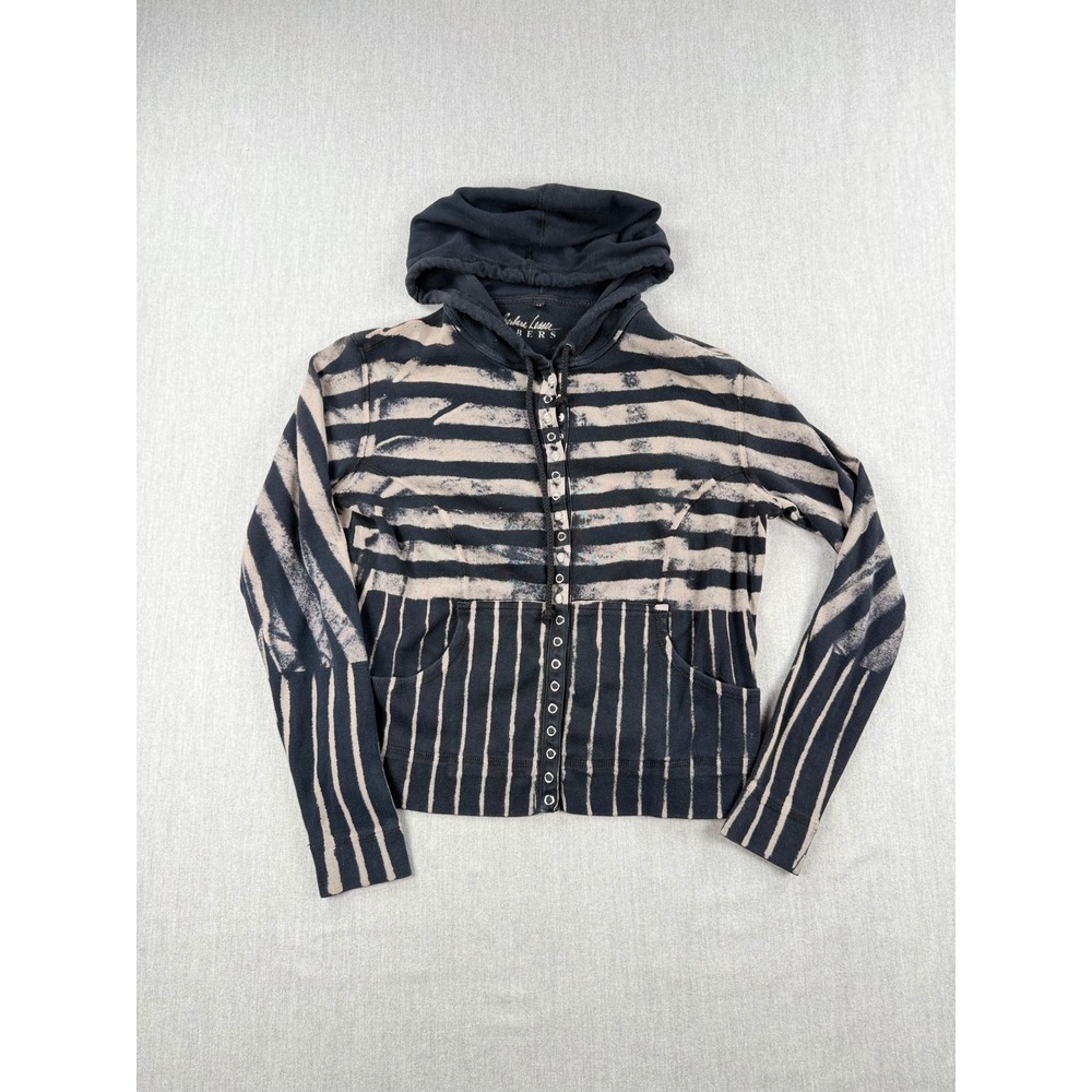 Barbara Lesser Fibers Women Black Striped Snap Front Hoodie Cotton Size M 1512ST